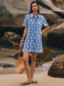Poéselle Women Floral Print Short Sleeve Mini Dress - Blue - View 7