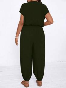 SHEIN LUNE Mono de manga corta, unicolor, informal, de talla grande - Verde militar - Ver 2