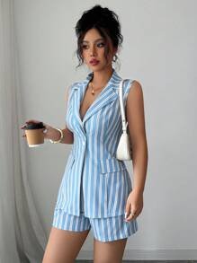 Elenzga 女士条纹无袖短款休闲两件套 - 藍色 - 查看 5