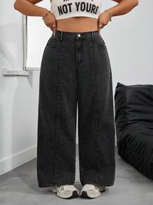 SHEIN PETITE CURVE Plus Size Casual Washed High Waist Wide-Leg Jeans - Black - View 4