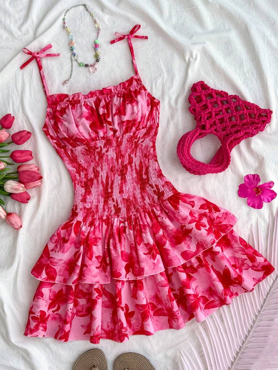 SHEIN 少女热带植物印花细肩带蝴蝶结前开衩连衣裙，波尔卡圆点泡泡袖 A 字形侧开衩度假迷你连衣裙，淡色系夏季连衣裙 - 粉色 - 查看 1