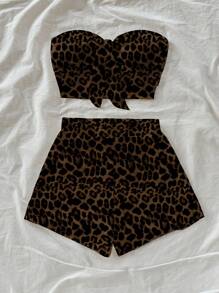Soleia 2件套女士夏季时尚豹纹前系带抹胸上衣和短裤套装 - 彩色 - 查看 3