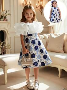 SHEIN Leap Crew Vestido elegante para meninas, gola redonda, bainha com babados e corte A - Azul - Ver 1