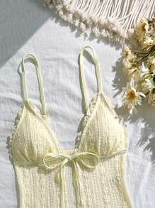 Swim Mod 简约可爱蕾丝面料纯色肩带长款上衣和系带侧三角泳衣两件套 - 米色 - 查看 7