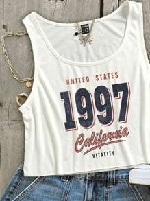 SHEIN EZwear Women Casual Street Retro Style Digit 1997 Print Loose U-Neck Crop Tank Top Back To School - White - View 9