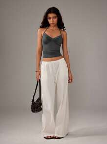 TRNVIE Versatile V-Neck Tie Spaghetti Strap Tank Top For Women - Dark Grey - View 7