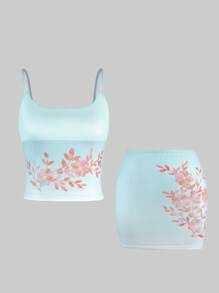 SHEIN SXY 2pcs/Set Women Camisole Top And Mini Skirt - Blue - View 3