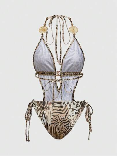 ROMWE Avant Body con decoración metálica de estampado de leopardo sexy retro Y2K para mujer