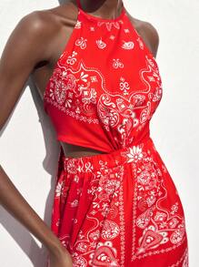 Maija 2025 Sommer neue Ankunft Damen Spaghettiträger rückenfreies Kleid mit Bindung in der Taille, locker fließendes Cutout Design, schmeichelhaft & schlank, geeignet für Urlaub, Alltag, Strand, Pendeln, Ausgehen, bedrucktes Kleid - Rot - Übersicht 6