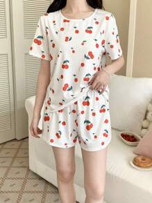 SHEIN Set de 2 piezas para adolescentes y niñas: Pijama informal de camiseta de manga corta de cuello redondo y pantalón corto con estampado de cerezas, conjunto de punto holgado para verano