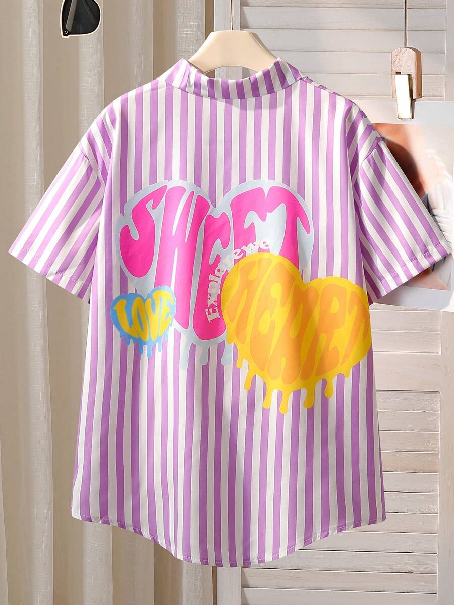 Blus Bergaris untuk Remaja Perempuan + Motif Grafiti Hati Serbaguna + Kemeja Kasual Gaya Jalanan yang Keren dan Manis, Musim Panas - Purple - View 1