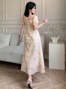 DAZY French Romantic Ditsy Floral Puff Sleeve Dress, Women's Cinched Cinched Waist Chiffon Dress For Summer 2024