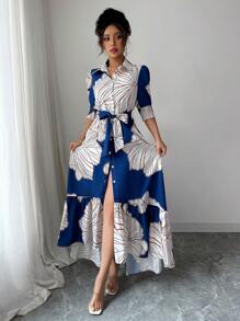 Elenzga 女士优雅花卉 A 字形连衣裙，翻领、收腰、泡泡袖、修身廓形，适合夏季穿着 - 彩色 - 查看 5