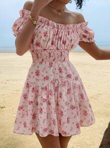 DAZY Women's Floral Print Off Shoulder Ruffle Trim Short Sleeve Vacation Dress,Beach Outfits