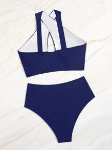 Swim Vcay 2pcs/Set Plain Cross Front Hollow Ruffle Trim Sexy Fashion Swimsuit Set For Summer Beach Vacation - Navy Blue - View 6