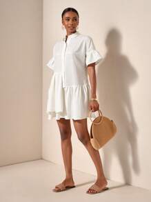 Zivah New Casual Vacation Spring And Summer Small Round Neck Ruffled Sleeves Five-Quarter Sleeves Asymmetric Hem Double-Layer Hem A-Hem Mini Skirt White Wave Stripe Women's Mini Dress-A