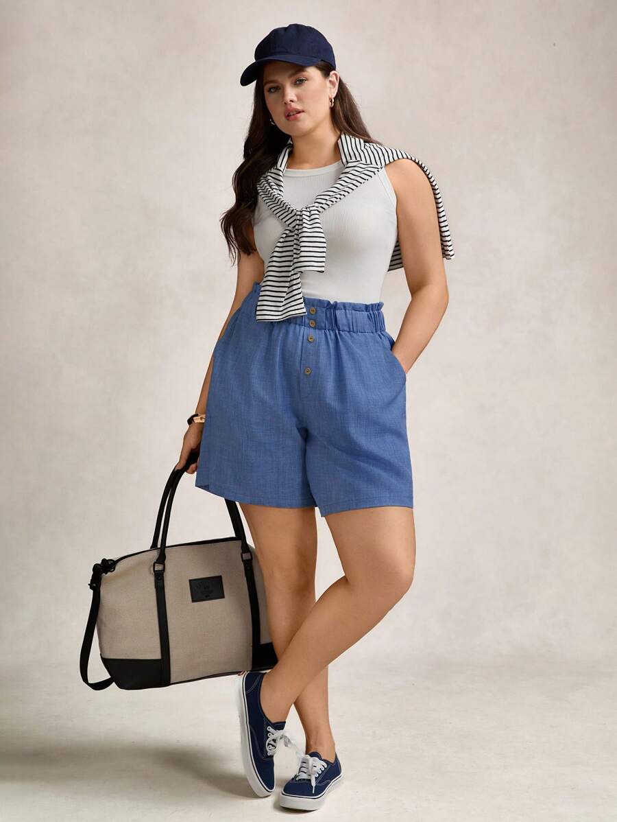 Zelara 大码短裤 夏季度假短裤 休闲工作短裤 夏季商务休闲女装 复古风格女装 波西米亚风短裤 牛仔效果休闲短裤 宽松休闲风蓝色短裤 返校短裤 - 水鴨藍 - 查看 1