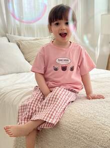 Hapijoa Conjunto de ropa informal para niñas bebé con camiseta de manga corta con estampado de dibujos animados de cuello redondo y pantalones a cuadros - Rosa Pálido - Ver 1