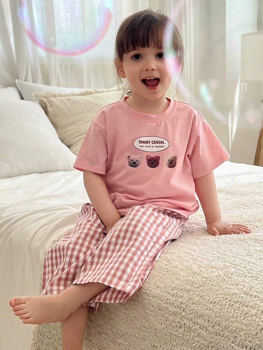 Hapijoa Conjunto de ropa informal para niñas bebé con camiseta de manga corta con estampado de dibujos animados de cuello redondo y pantalones a cuadros - Rosa Pálido - Ver 1