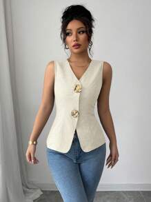 Gloray Chaleco de mujer con cuello en V, ajustado, decorado con botones dorados en forma de rosa