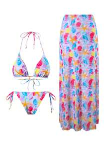 Swim Oasis Women 3pcs Starfish Print Strappy Bikini Set With Cover Up Skirt, Bikini Set Suit For Summer Beach Vacation Pool Party, 25SS