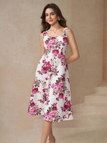 Amorya 女士花卉印花无袖方领 A 字连衣裙秋冬女装返校节朴素复古老钱女士教师服装机场漂亮女士服装 - 彩色 - 查看 6