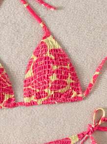 Swim Mod Conjunto de bikini de verano con estampado de playa, cuello con lazo, diseño sexy y taza triangular con estampado aleatorio para mujeres - Multicolor - Ver 5