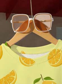 女士休闲夏季时尚柠檬印花圆领短袖T恤 - 黃色 - 查看 4