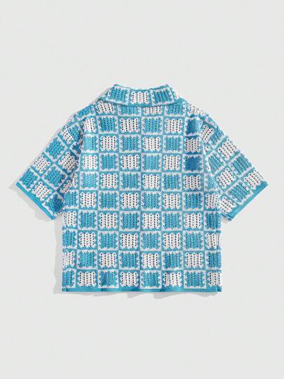 Street Life Men's Loose Drop Shoulder Hollow Out Knitted Shirt, Vacation Shirt