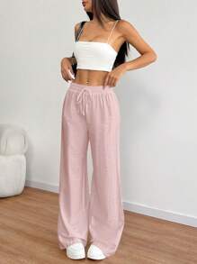 Flirla 女士休闲亚麻混纺高腰阔腿直筒裤，春夏 - 粉色 - 查看 5