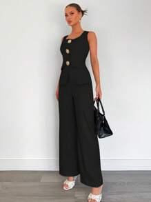 Serisse 2件套女士优雅金属花朵装饰背心和裤子套装 - 黑色 - 查看 10