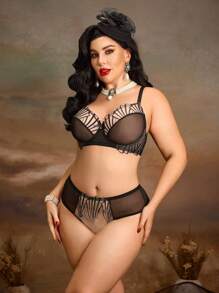 SHEIN Set de 2 piezas de lencería sexy con sujetador con aros y calzones de encaje y malla para tallas grandes - Negro - Ver 5