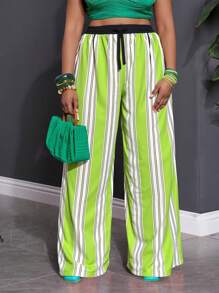 Slaydiva Pantalones largos de mujer de talla grande con estampado a rayas, ideales para festivales de música, fiestas y vacaciones - 2025 Nueva Moda