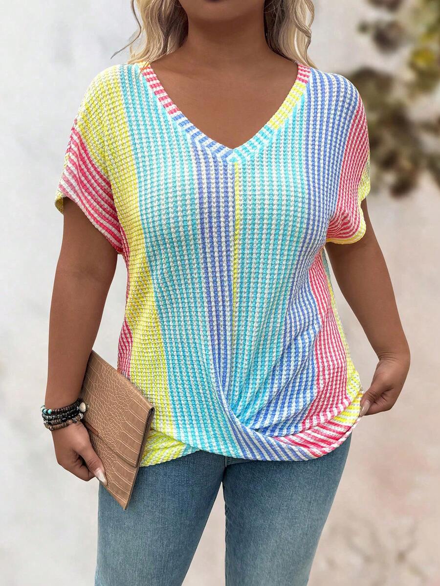 EMERY ROSE Plus Size Women's Casual V-Neck Rainbow Color Hem Twist Knot Design Short Sleeve T-Shirt, Slimming - Multicolor - View 1