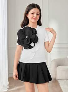 Tween Girls Tricou cu mânecă scurtă, cu mânecă scurtă, cu decor floral 3D, de culoare uni, din tricot, alb