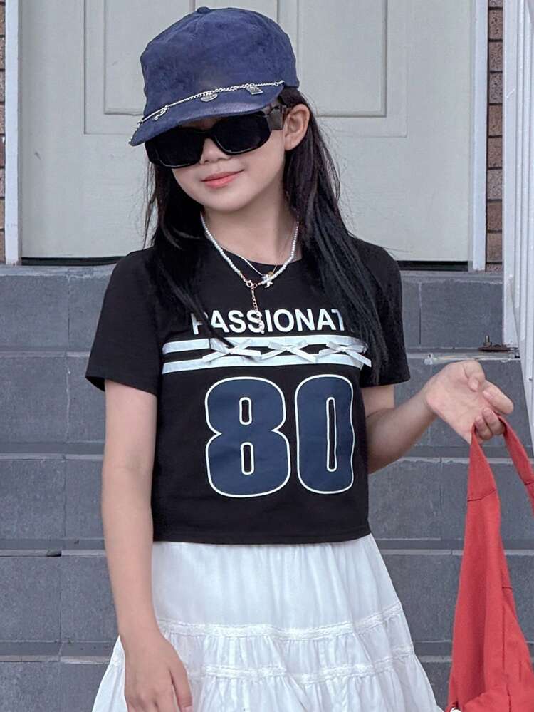 Tween Girls Round Neck Knit Printed Short Sleeve T-Shirt For Summer,Back To School Clothes