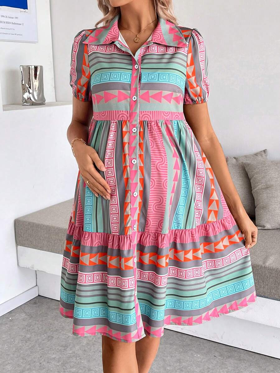 SHEIN Maternity Summer Casual Geometric Print Front Button Dress Summer Outfits For Women - Multicolor - View 1