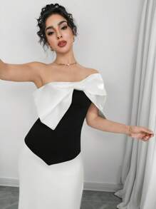 Modelyn Women's Elegant Color Block Bow Detail One Shoulder Top, Summer - Black and White - View 4