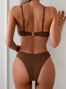 Swim Lushoire 女士休闲条纹纹理泳衣套装 - 鏽棕色 - 查看 2