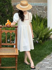 DAZY Tween Girls Round Neck Short Puff Sleeve Ruffled Casual Dress, Summer - White - View 3