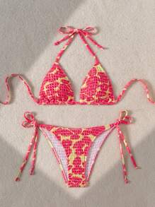Swim Mod Conjunto de bikini de verano con estampado de playa, cuello con lazo, diseño sexy y taza triangular con estampado aleatorio para mujeres - Multicolor - Ver 3