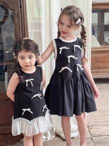 LMoss Kids Vestido ajustado sin mangas de cuello redondo de punto con diseño de parches y bajo acampanado para niña - Azul - Ver 7