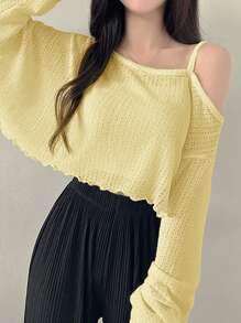 DAZY 女士纯色荷叶边不对称领口长袖宽松 T 恤，返校服，秋季女装短款女上衣 - 黃色 - 查看 3