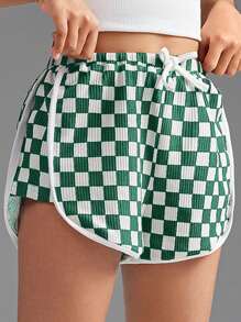 SHEIN Tween Girls Spring/Summer Checkerboard Elastic Waist Casual Shorts, Girls Athletic Shorts Young Girls Activewear - Green - View 6
