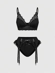 ROMWE Goth Conjunto de lencería sexy con bralette de triángulo con encaje gótico y pantalla, con ligas