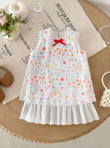 女孩可爱休闲时尚圆领无袖A字短款碎花下摆小碎花迷你太阳裙彩色花朵装饰连衣裙 - 白色 - 查看 1