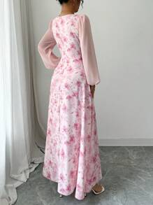 Modelyn 女式印花方领长袖优雅夏季中长连衣裙 - 粉色 - 查看 2