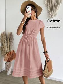 EMERY ROSE 女士休闲纯色圆领短袖腰带夏季连衣裙，女士商务休闲连衣裙 - 粉色 - 查看 1