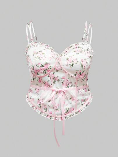 Fairycore Top de tiras con estampado floral diminuto y lazo para mujer de talla grande para el verano