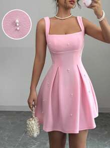 SHEIN PETITE Damen Lässig Kleid mit einfarbigem Patchwork, breiten Trägern, Nieten und Perlen